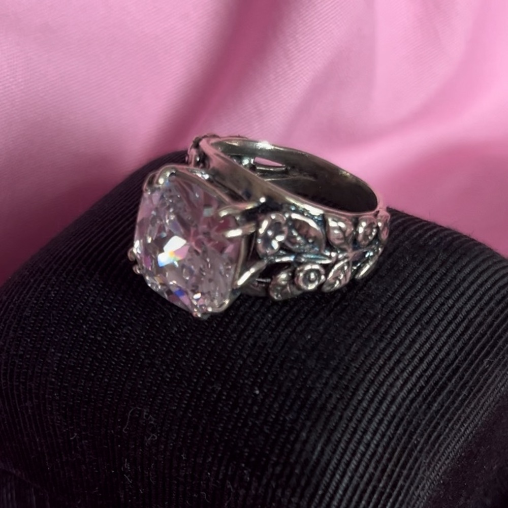 Sterling Silver CZ Statement Ring with Floral Filigree Design, New!  Size 7